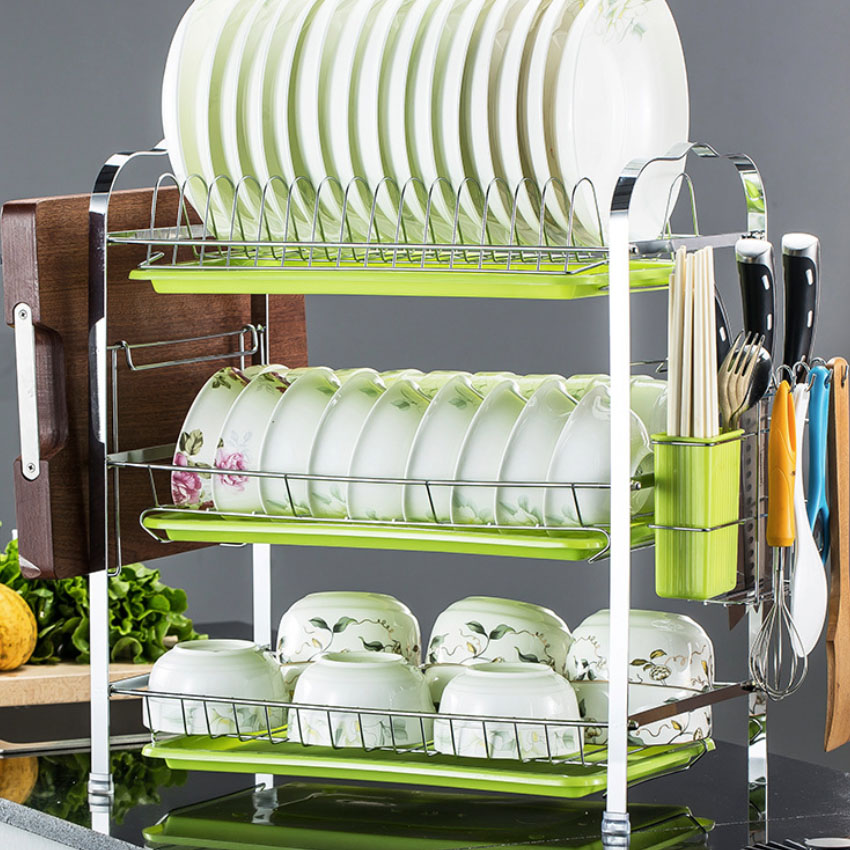 Kệ chén bát inox 304 cao cấp 3 tầng tặng kèm khay cắm dao đũa và giá treo thớt, Kệ chén bát 3 tầng cao cấp, Kệ nhà bếp inox cao cấp