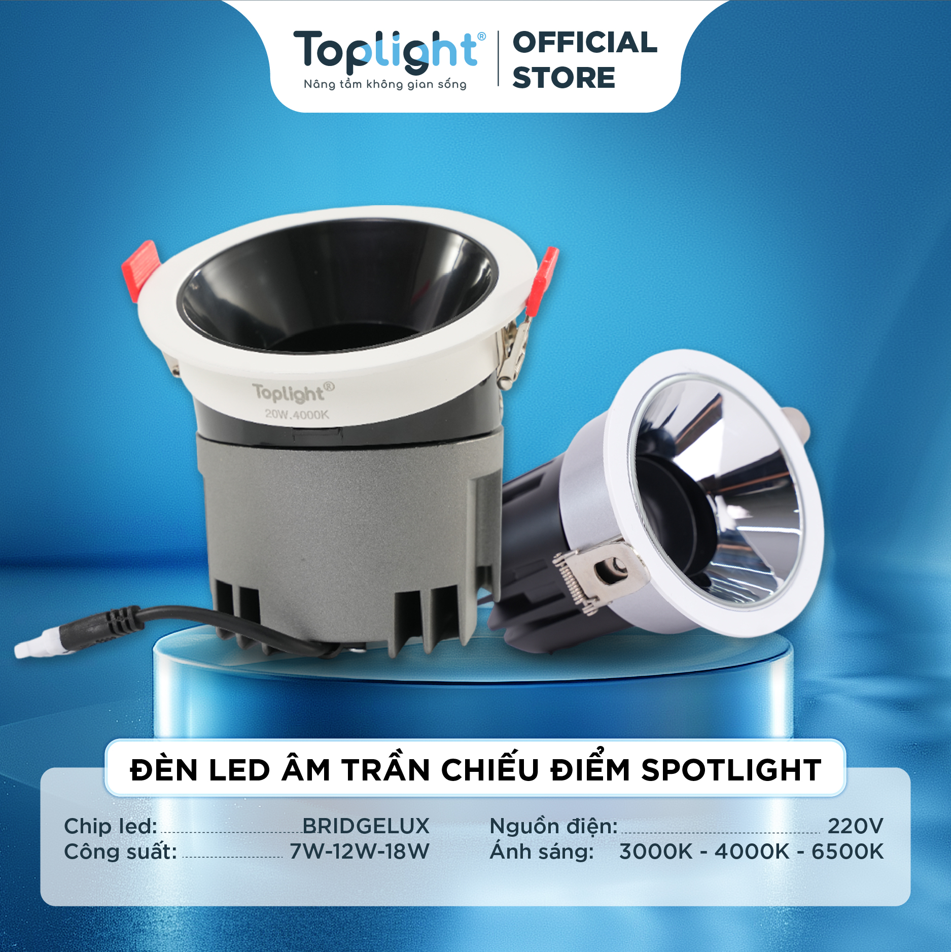 ĐÈN SPOTLIGHT TOPLIGHT CAO CẤP 12-18W, LÒNG MÀU TRẮNG/ ĐEN BÓNG/ ĐEN MỜ VÀNG