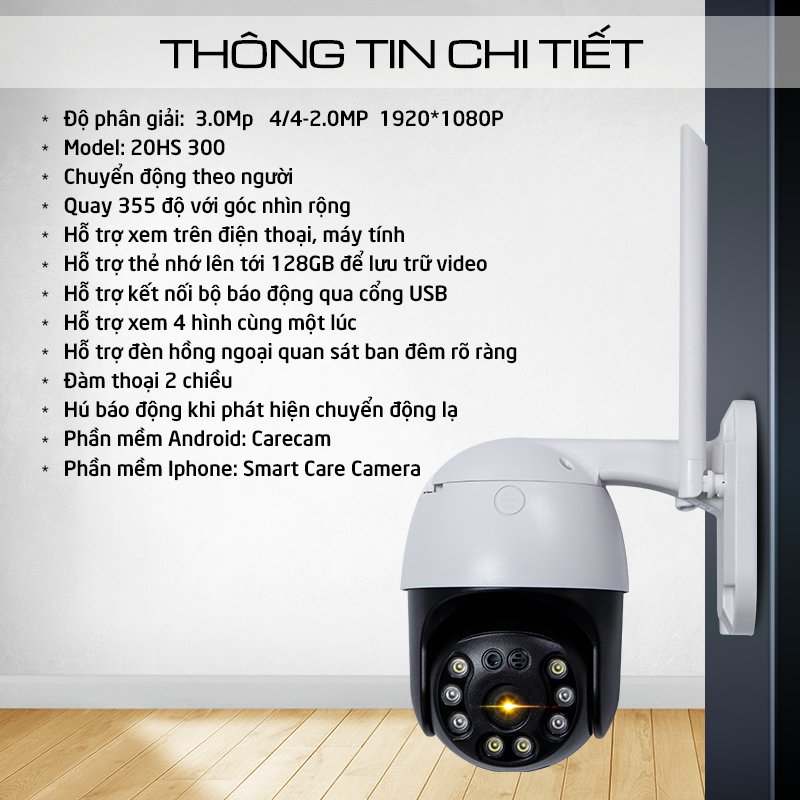 CAMERA IP NGOÀI TRỜI CARECAM (8031) 20HS300 - 3.0MP XOAY 360 ĐỘ , GÓC RỘNG ....MẪU MỚI 2022,SẢN PHẨM CHÍNH HÃNG BẢO HÀNH 12 THÁNG... 4