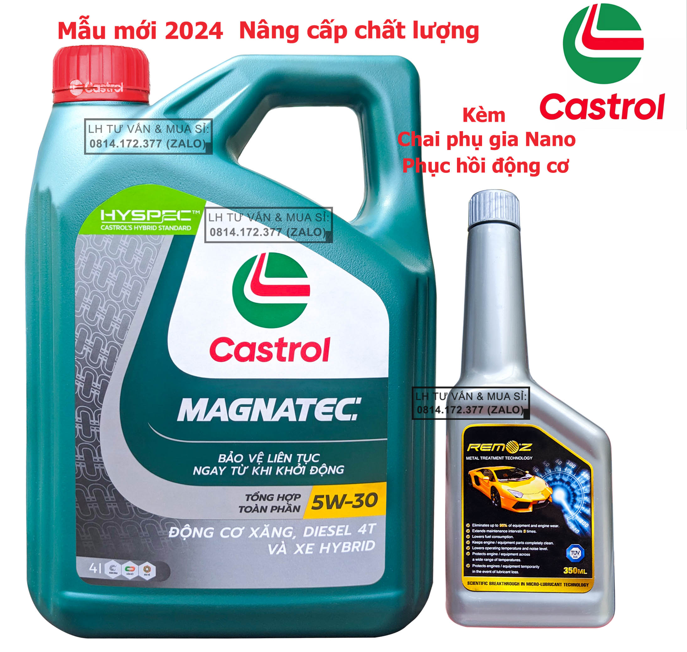 Combo dầu nhớt tổng hợp ô-tô castrol magnatec stop-star 5w30 + phụ gia nano nâng cấp nhớt remoz