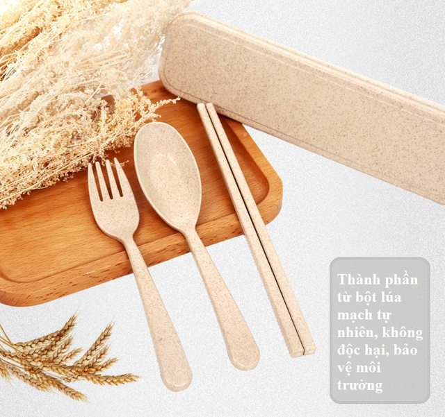 Bộ thìa + đũa + muỗng làm từ thân lúa mạch kèm hộp