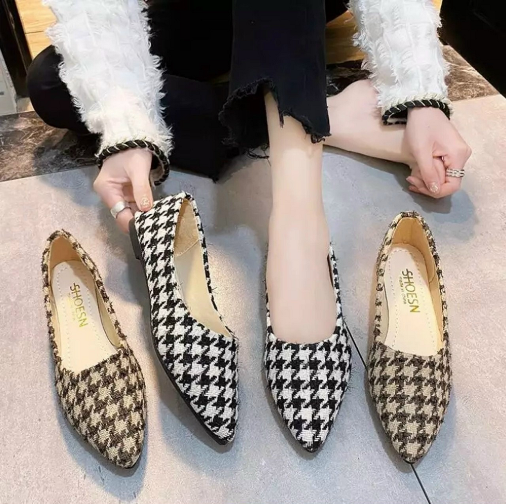 [Hoàn Tiền 15%]Giày búp bê nữ - giày bệt nữ đế bằng mũi nhọn kẻ caro đế cao su đúc siêu mềm