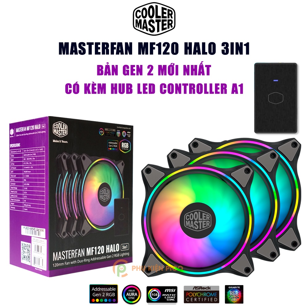 Quạt fan case 12cm cooler master mf 120 halo a-rgb 3in1 - quạt fan case 120 masterfan mf120 halo dual ring gen 2 box 3 in 1