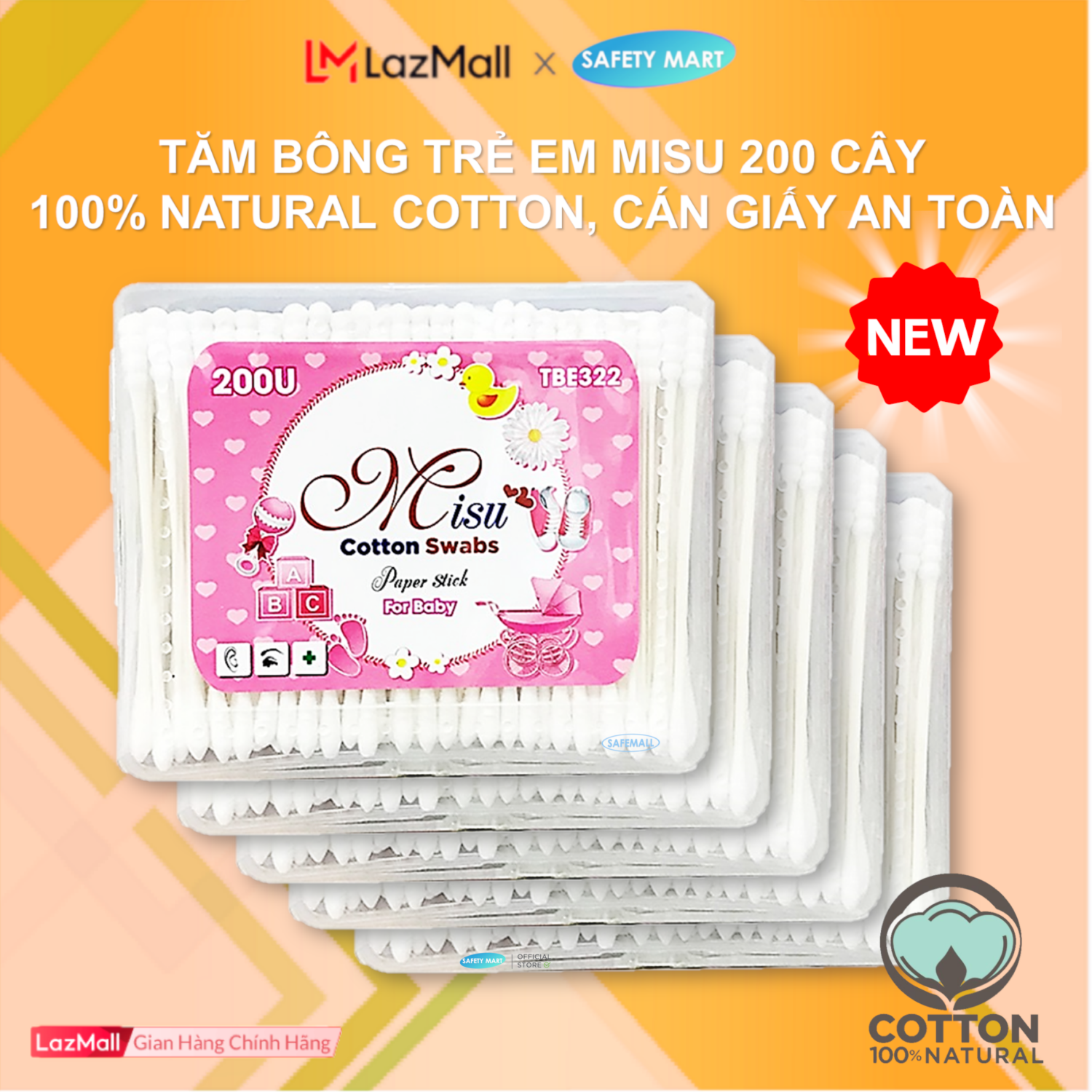 Combo 5 hộp Tăm bông Misu trẻ em lõi giấy 200 que kháng khuẩn Bông gòn mềm mại, Tăm bông trẻ em cao cấp đa công dụng vệ sinh, trang điểm..., Tăm bông ráy tai trẻ em 100% cotton buds - Hàng Chính Hãng Safety Mart Official