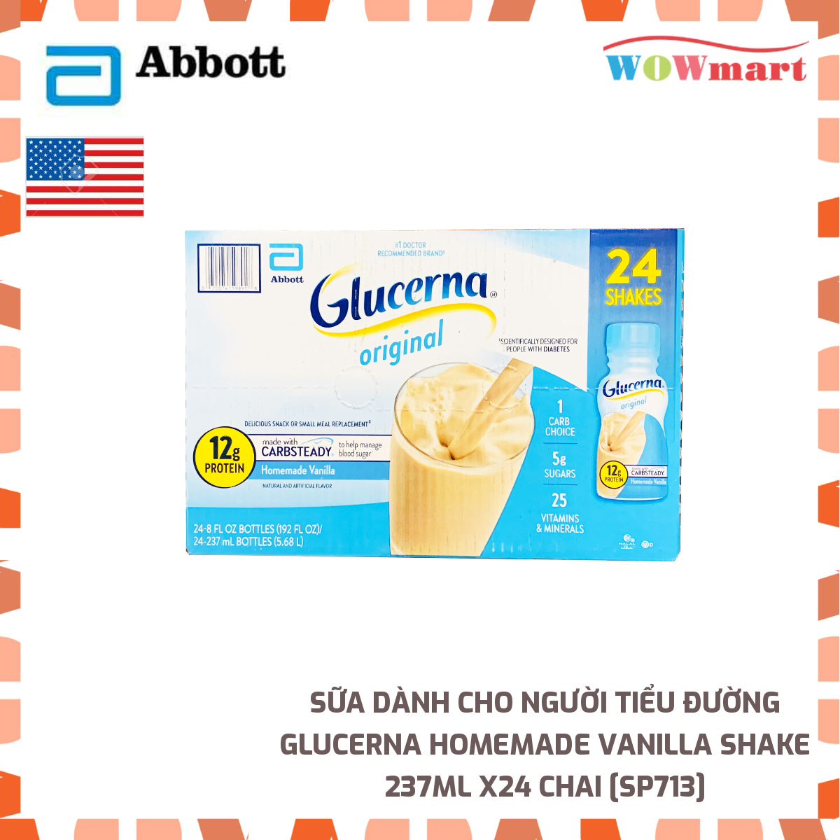 Sữa dành cho người tiểu đường Glucerna Homemade Vanilla Shake 237ml x24 chai MỸ