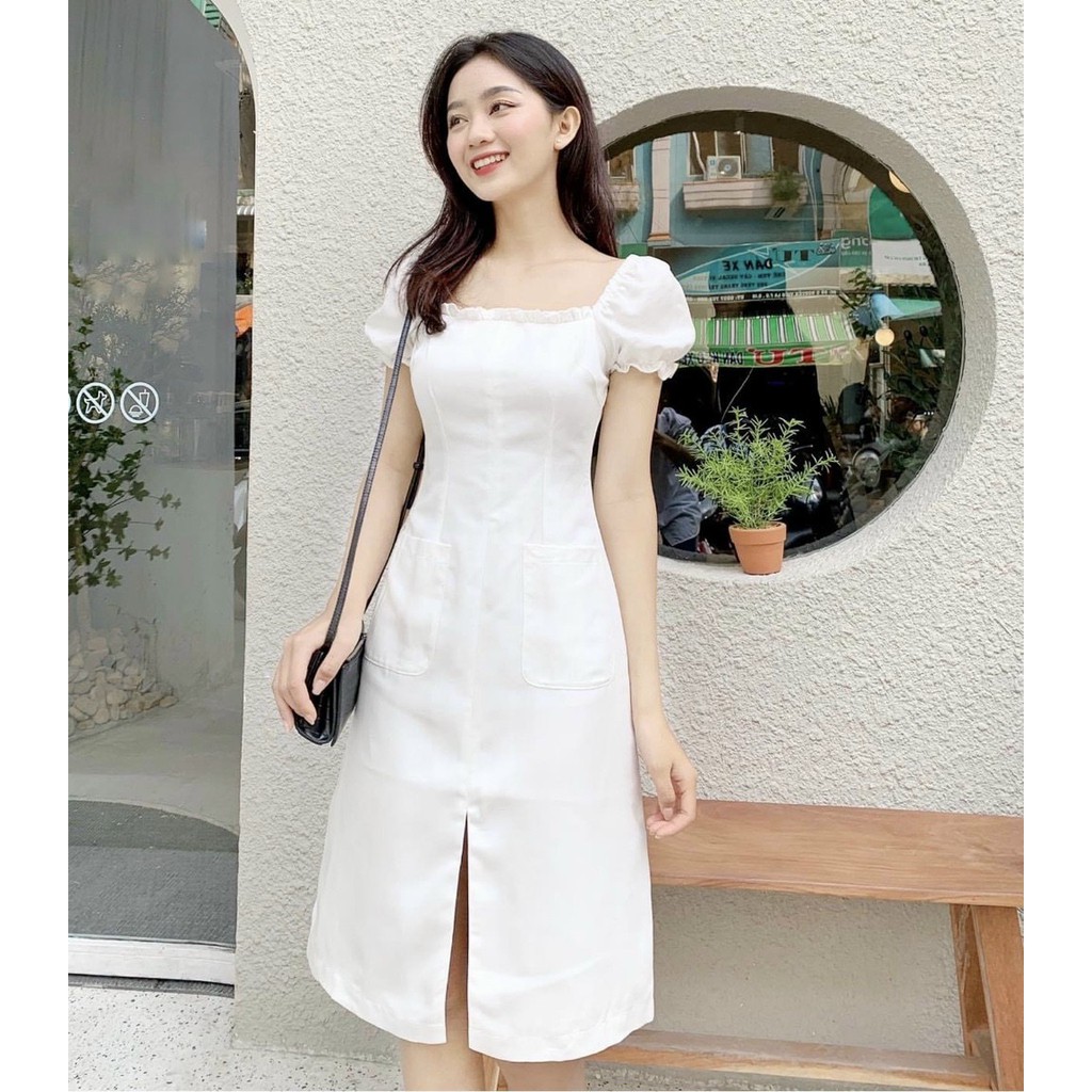 Đầm xòe cổ vuông viền bèo chiết eo xẻ trước - dx0099
