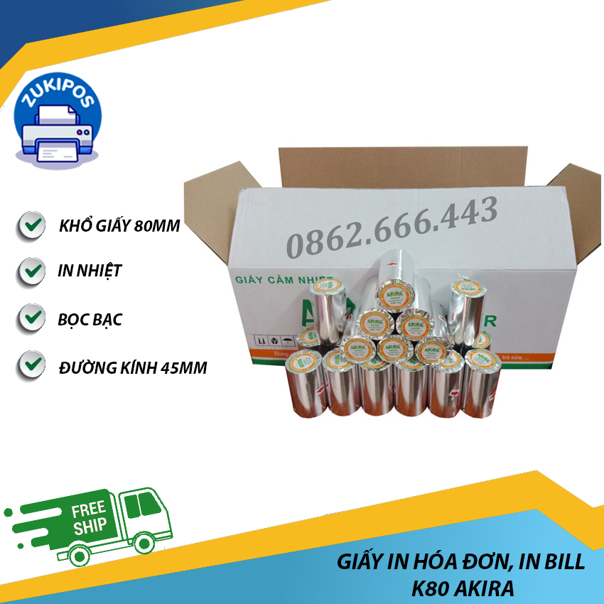 Giấy in hóa đơn k80 akira phi 45 in nhiệt khổ 80mm - zukipos