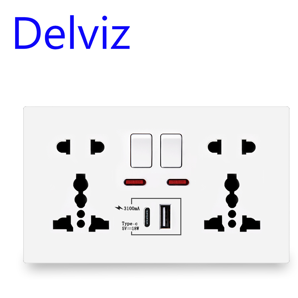 Delviz Type-C 18W Wall Plug, 4A Smart Quick Charge Interface, Universal Dual Socket, Switch Control, Power Socket USB Port 1A1C