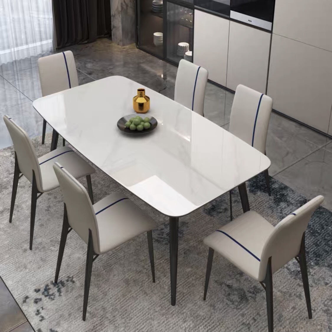 Bàn ăn mặt đá ceramic bóng chân con kết hợp ghế vertical