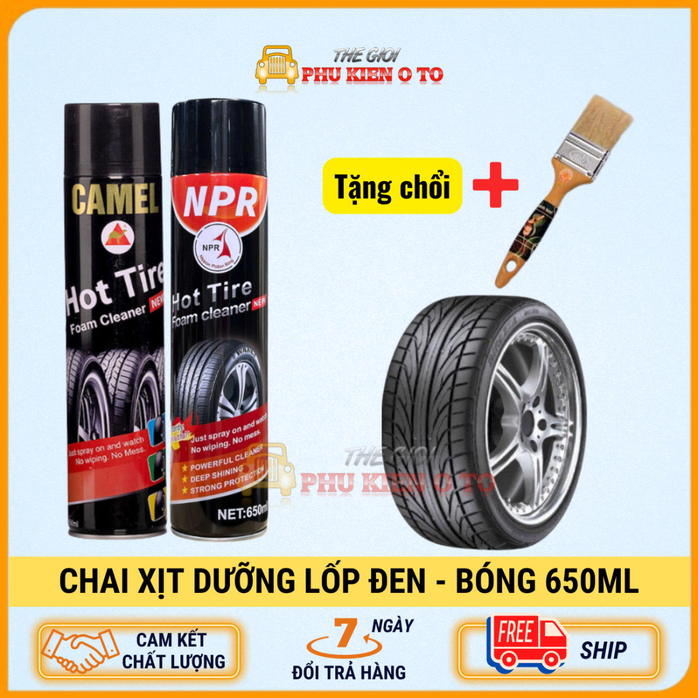 Combo Chai xịt bóng vỏ, làm đen lốp xe và phục hồi nhựa nhám NPR, CAMEL HOTTIRE 650ML tặng kèm 1 chổi