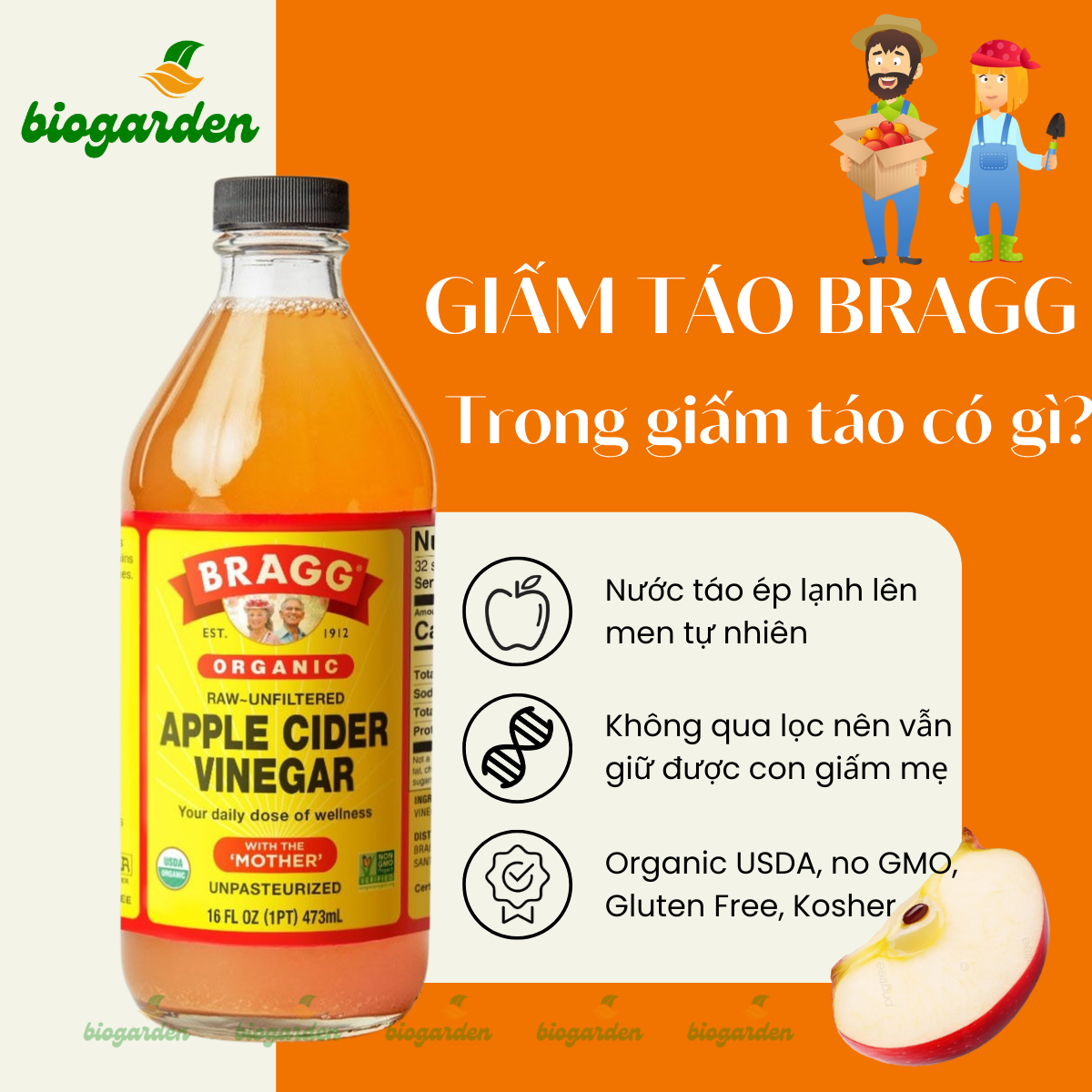 (03 Quà tăng kèm) Giấm Táo Hữu Cơ Nguyên Chất chính hãng Bragg chai 473ml (Có Giấm Mẹ) - Ăn Kiêng - Hỗ Trợ Tiêu Hoá - Giảm Cân - Hạ Cholesterol - Giảm Tiểu Đường - Biogarden