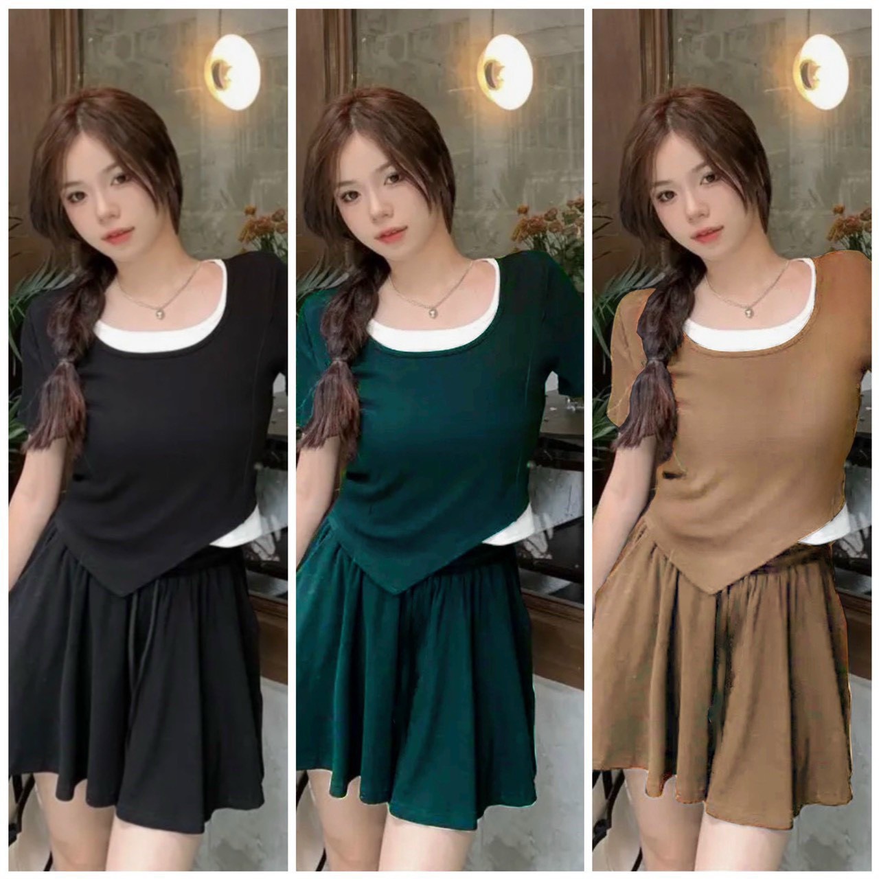 Sét bộ đùi thun gân trơn phối màu dáng xòe