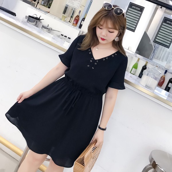 Váy Béo Cổ Tim Rút Eo Cho Người Béo Mập