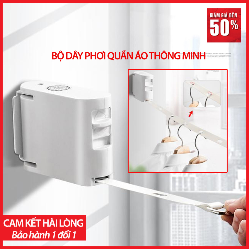 DÂY PHƠI QUẦN ÁO THÔNG MINH THU GỌN; KÉO RÚT KHI KHÔNG SỬ DỤNG; TẬN DỤNG TỐI ĐA MỌI KHÔNG GIAN SẴN CÓ TRONG NHÀ; KHÔNG BỊ XÔ LỆCH QUẦN ÁO; BH 6 THÁNG