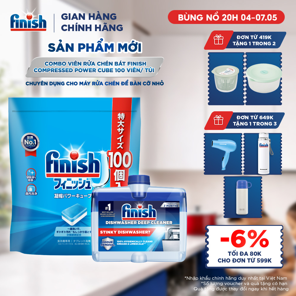 Combo Finish: Viên Rửa Chén Finish Nhật Bản Power Cube 100 Viên + Dung Dịch Vệ Sinh Máy 250ml