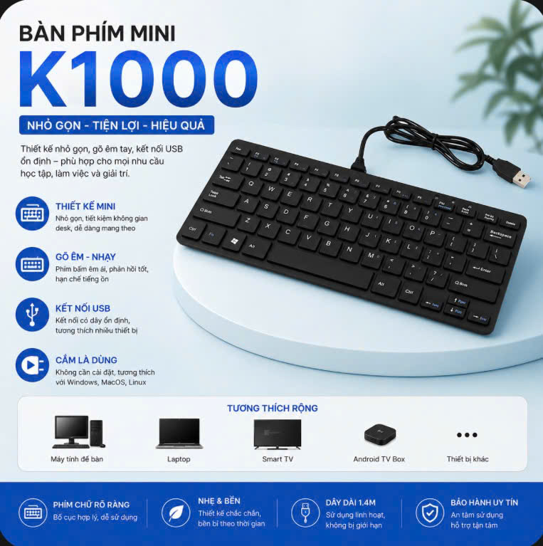 Bàn phím Mini K1000 Có Dây USB Chính Hãng - Full Box- Chất Lượng Tốt, Kiểu Dáng Nhỏ Gọn Nhẹ, Bảo Hành 12 Tháng