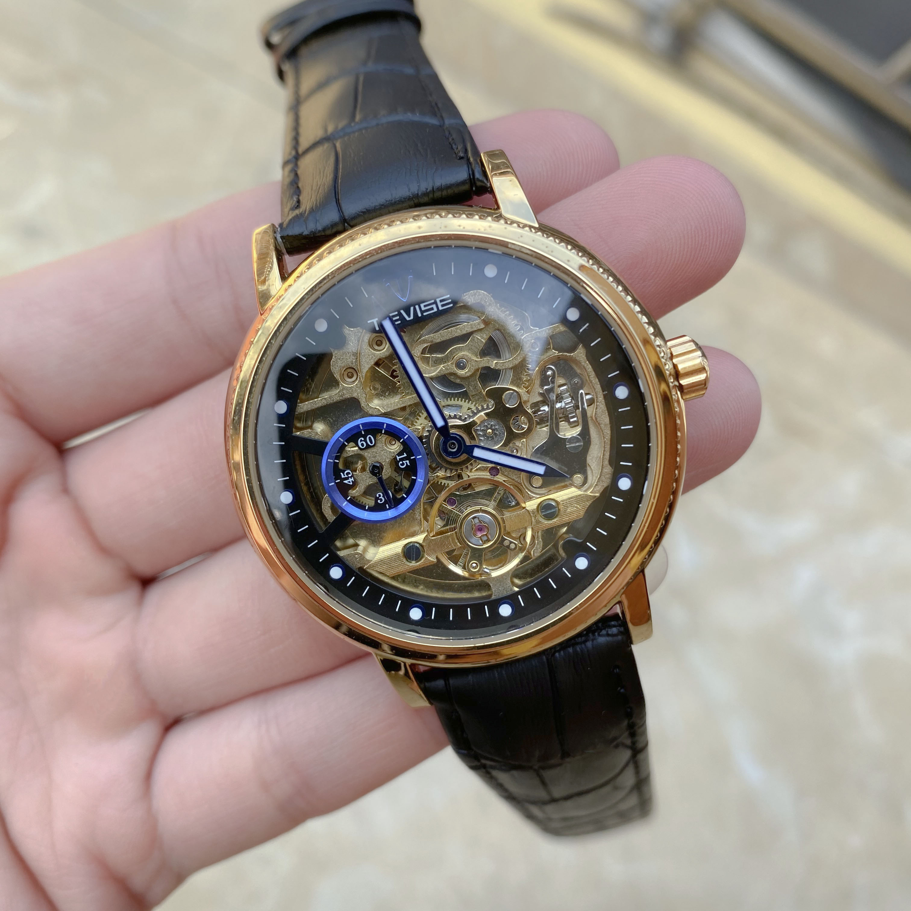 Đồng hồ cơ nam dây da, máy automatic Tevise T8612B-1 full box, bảo hành toàn quốc 1 năm