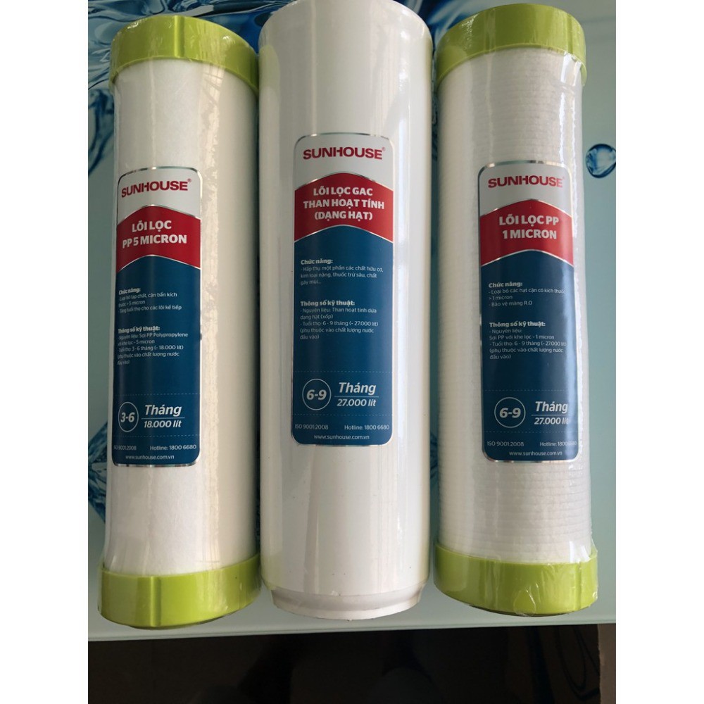 Bộ 3 lõi lọc nước sunhouse 123, số 1 , lõi lọc nước số 2 , lõi lọc nước số 3 , thời gian thay thế 3-6 tháng