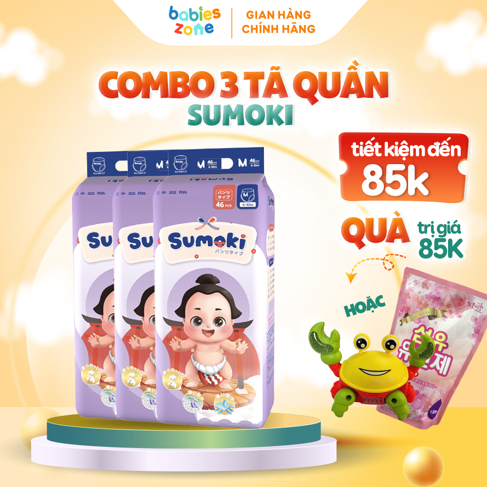 Bộ 3 túi Tã Bỉm Quần SUMOKI có đủ size thương hiệu Nhật Bản thấm hút cực nhanh, chống tràn, siêu mềm mịn cho bé