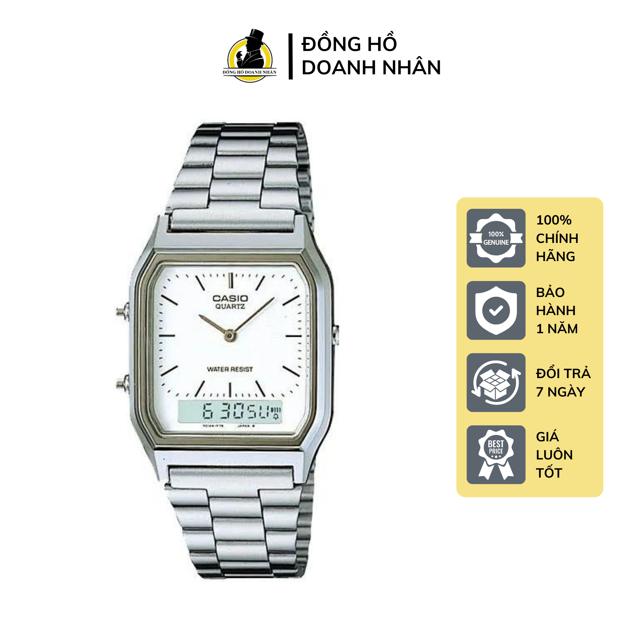 Đồng hồ vintage dây thép mặt trắng casio aq-230a-7dmq fullbox bảo hành 1 năm