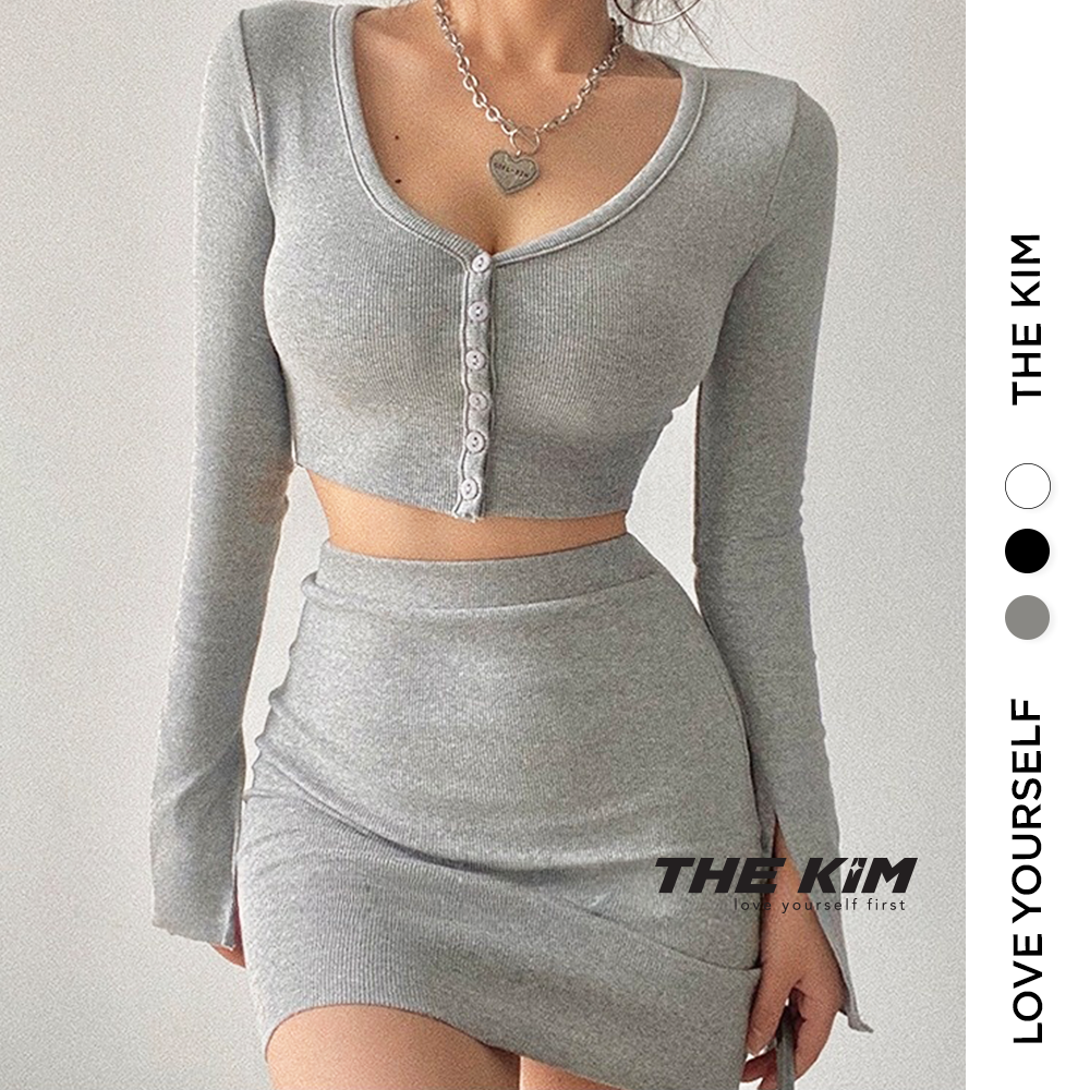TheKim SV127 Set váy body thun len tăm - Bộ 2 món áo croptop dài tay cúc ngực - chân váy ngắn cạp cao