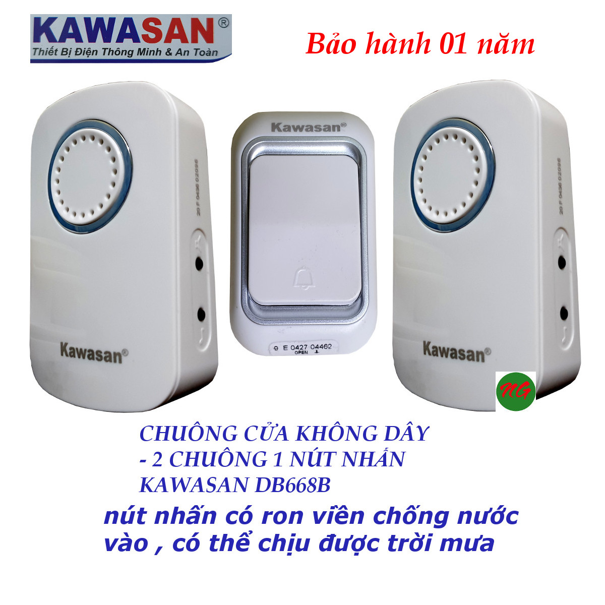 Bộ Chuông cửa không dây có 2 CHUÔNG Kawasan DB668B - nút nhấn có ron chống nước vào có thể để ngoài trời