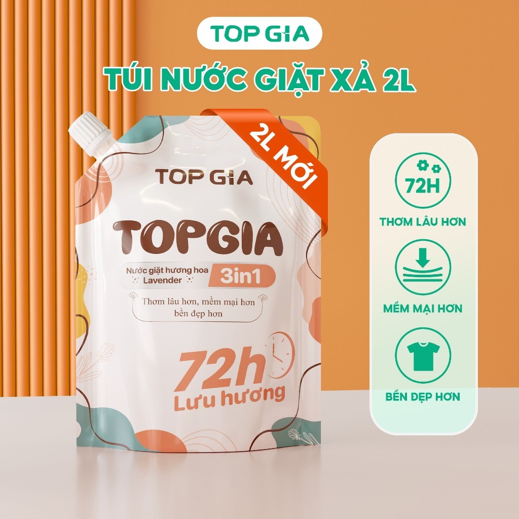 Nước giặt xả Top Gia túi 2L hương thơm tươi mát, 2in1 tạo bọt vừa phải giúp làm sạch và mềm vải