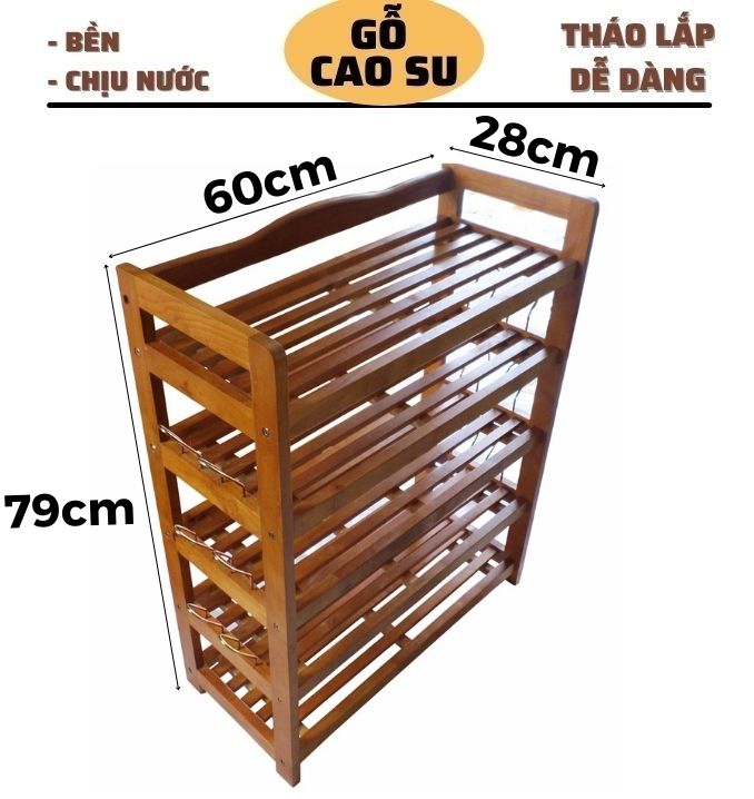 [HCM]Kệ giày 5 tầng rộng 62cm bằng gỗ có móc sắt (Vàng cánh gián)