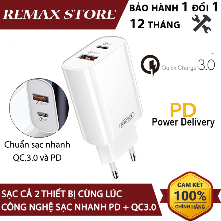 Sạc nhanh remax rp-u37 2 cổng usb tích hợp qc 3.0 và pd 18w sạc nhanh cho iphone