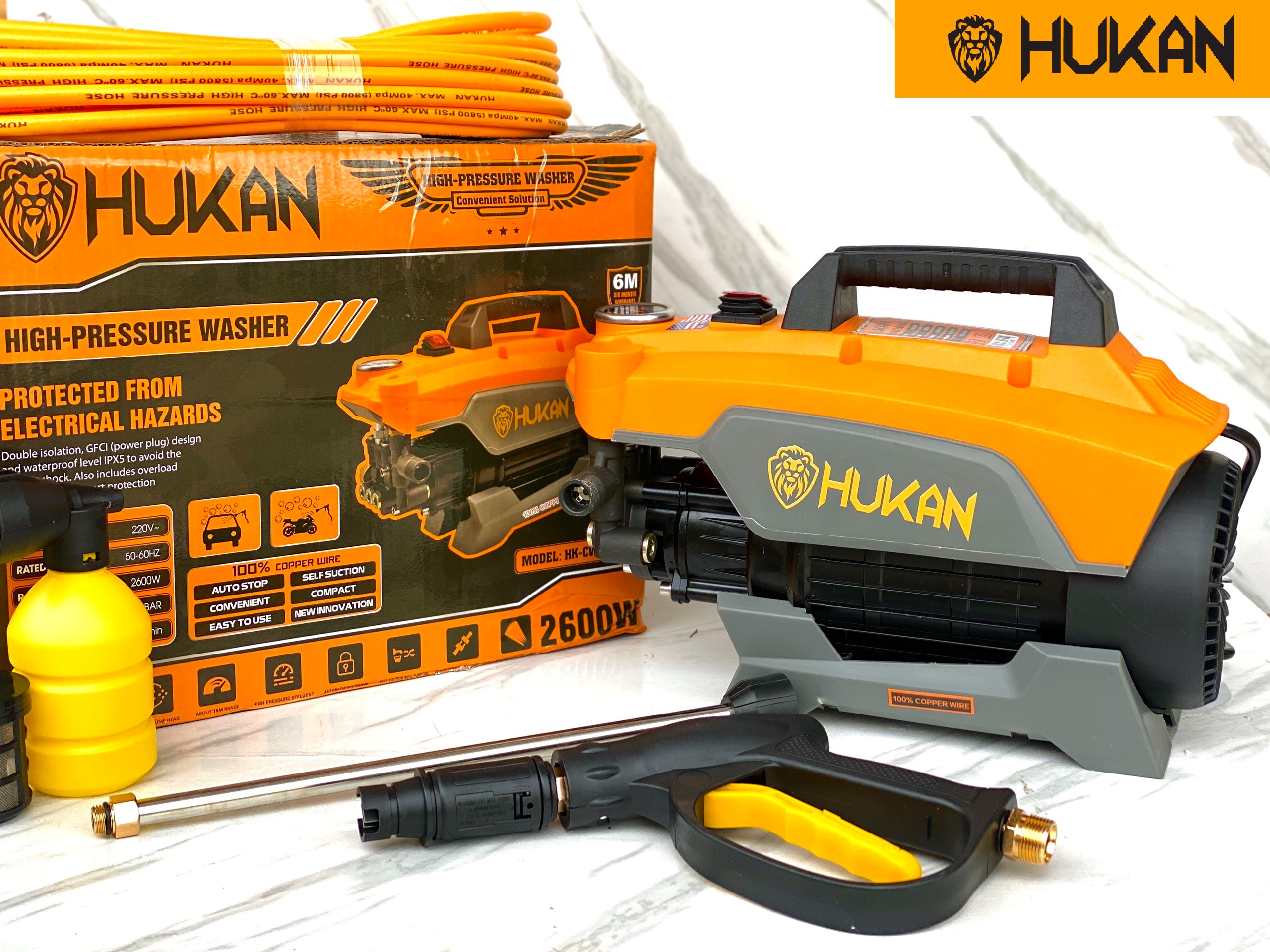 Máy rửa xe Hukan CWM 2600w siêu mạnh tặng dây 16m + bình bọt tuyết ống nối inox