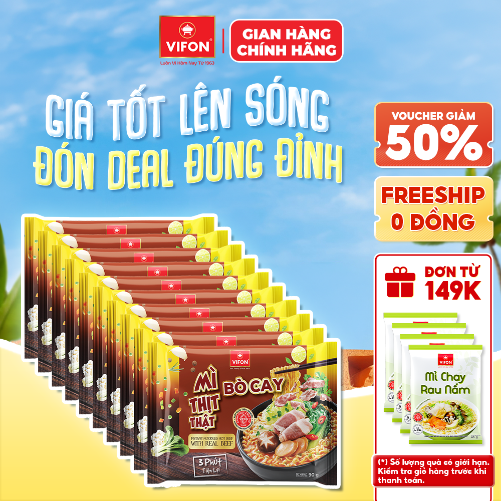 [Voucher 28% đơn từ 400K] Set 10 Gói Mì Thịt Thật Bò Cay/ Thịt Bằm/ Riêu Cua VIFON 90g