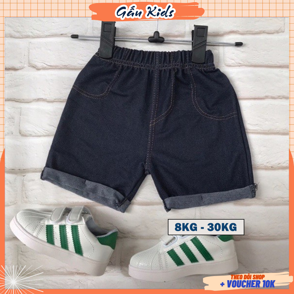 Quần short giả bò chất liệu jean thun co giãn cho bé trai bé gái 8-30Kg mặc thoải mái, thoáng mát QCB00066