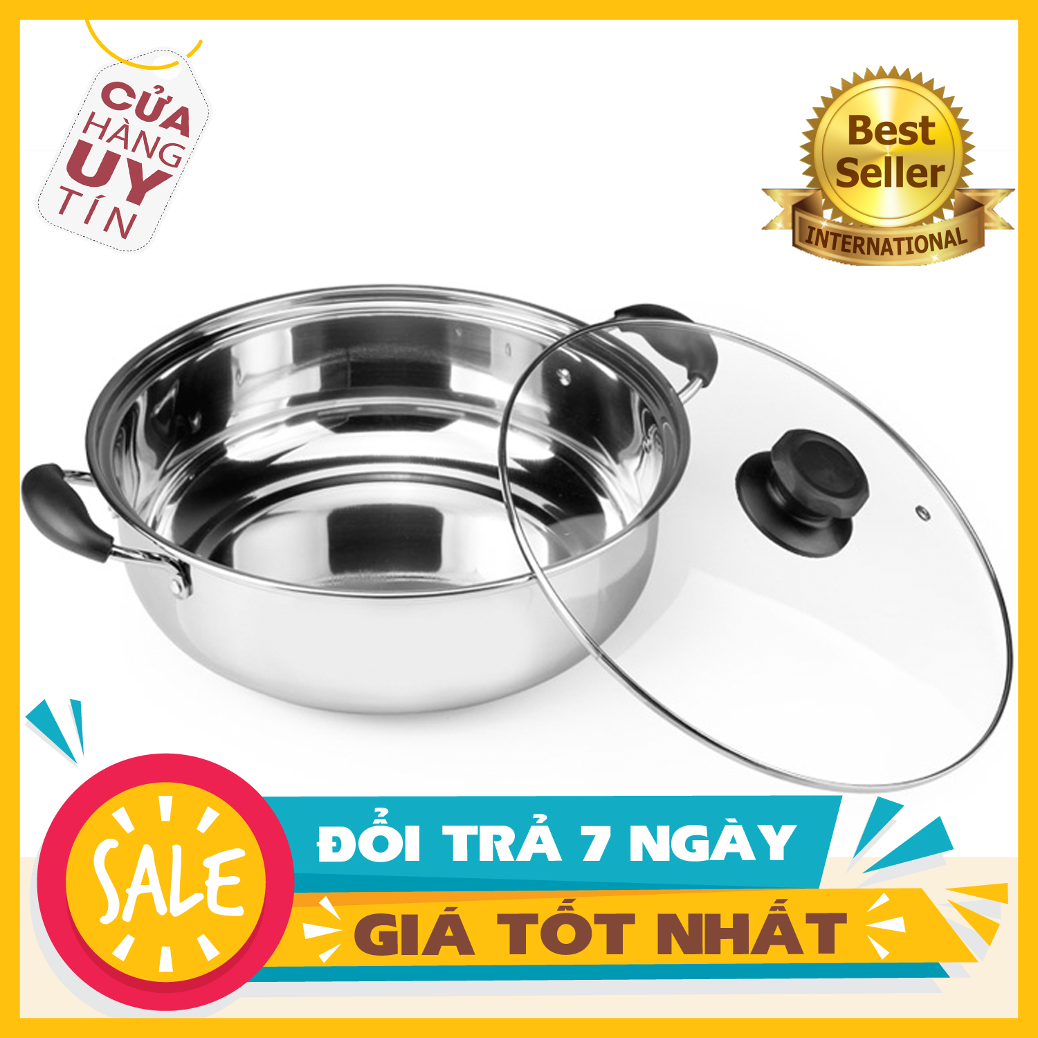 Nồi lẩu inox, nồi lẩu có nắp kính, nồi lẩu sâu 28cm, nồi ăn lẩu, nồi inox nhận bếp từ, nồi bắt từ 28cm