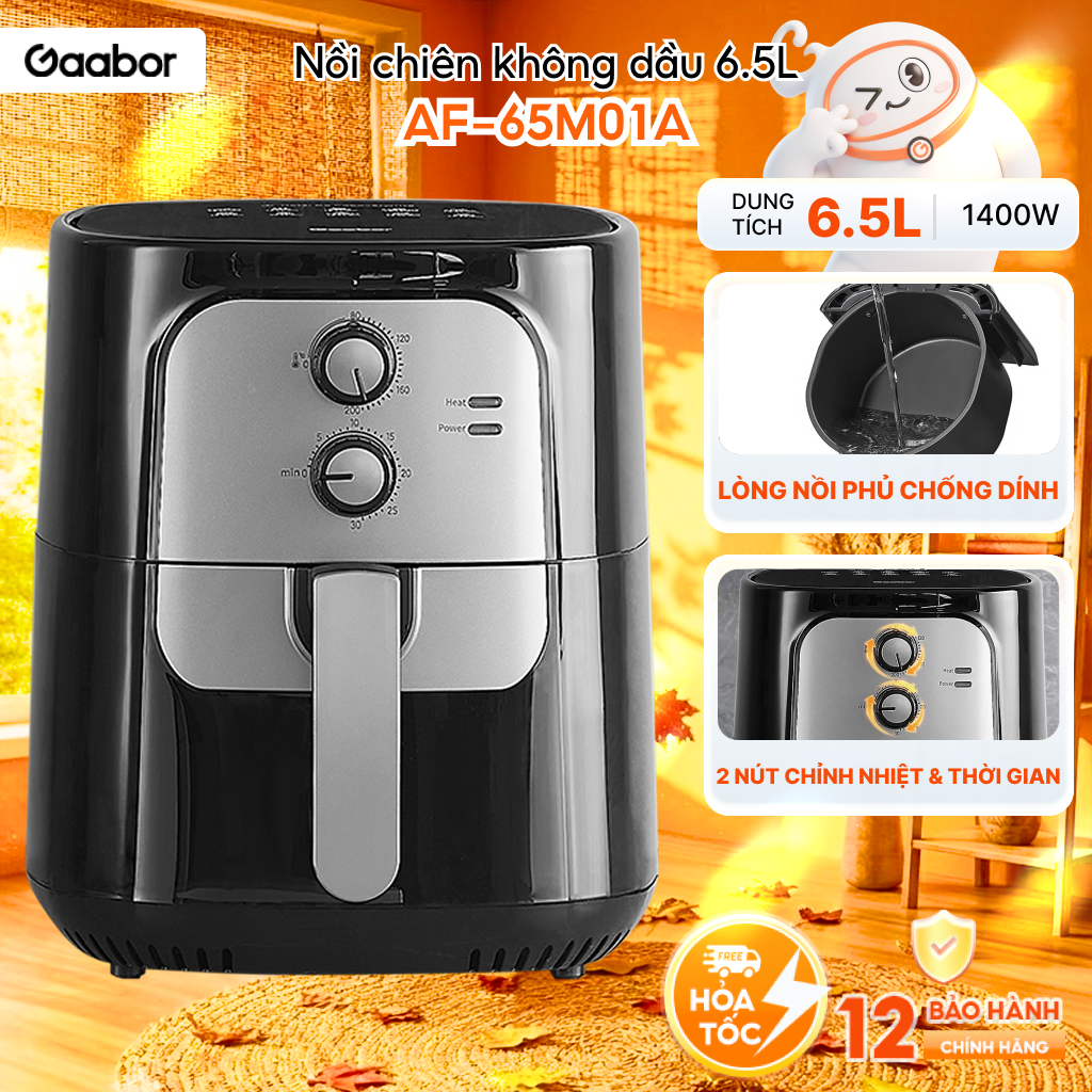 [PHIÊN BẢN GIỚI HẠN] Nồi chiên không dầu 6.5L Gaabor AF-65M01A dung tích lớn công suất 1400W màu đen bạc - Bảo hành 12 tháng 1 đổi 1