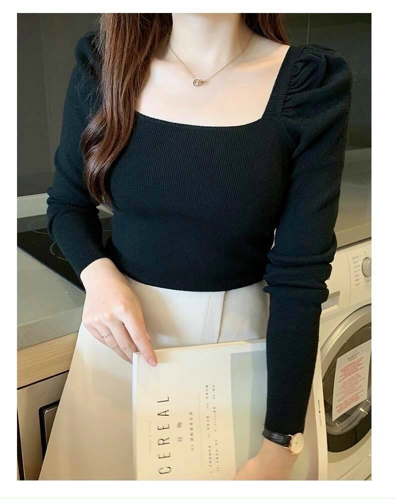 [HCM]Áo Len gân nữ tay dài cổ vuông cực xinh xắn