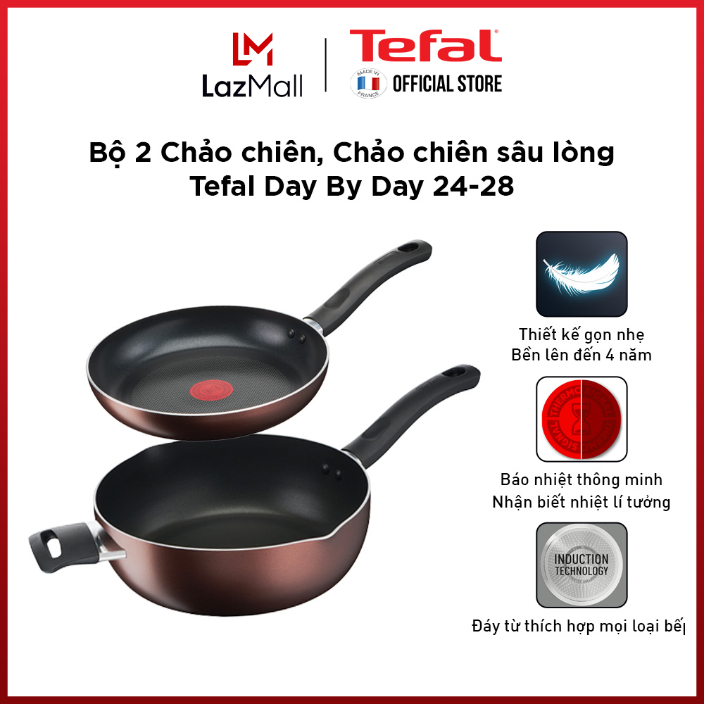 Bộ 2 chảo chống dính đáy từ Tefal Day by Day dùng cho mọi loại bếp (24cm, 28cm) - Gian hàng chính hãng bảo hành 2 năm-BO2DBD3