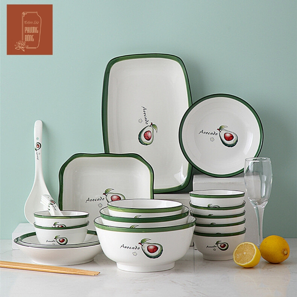 Bán lẻ bộ chén đĩa gốm sứ cao cấp mã PDS001 họa tiết quả bơ dễ thương, men sáng dày dặn