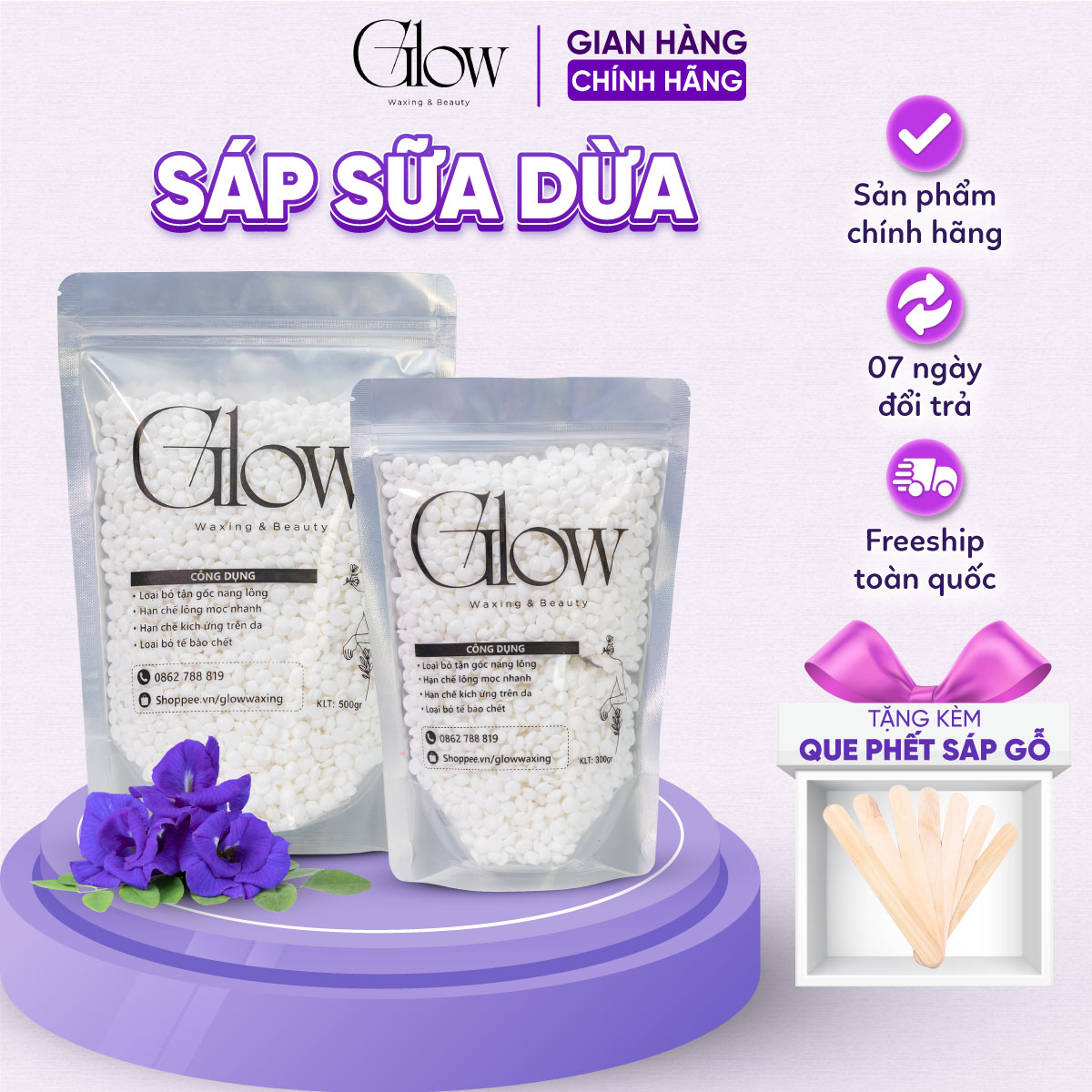Sáp Wax Lông Nóng Sữa Dừa Cao Cấp Glow Waxing Siêu Bám Lông Chuyên Dùng Wax Body, Nách Và Đặc Biệt Là Bikini Tặng Que Phết Sáp Wax Lông Dùng Được Cho Da Nhạy Cảm