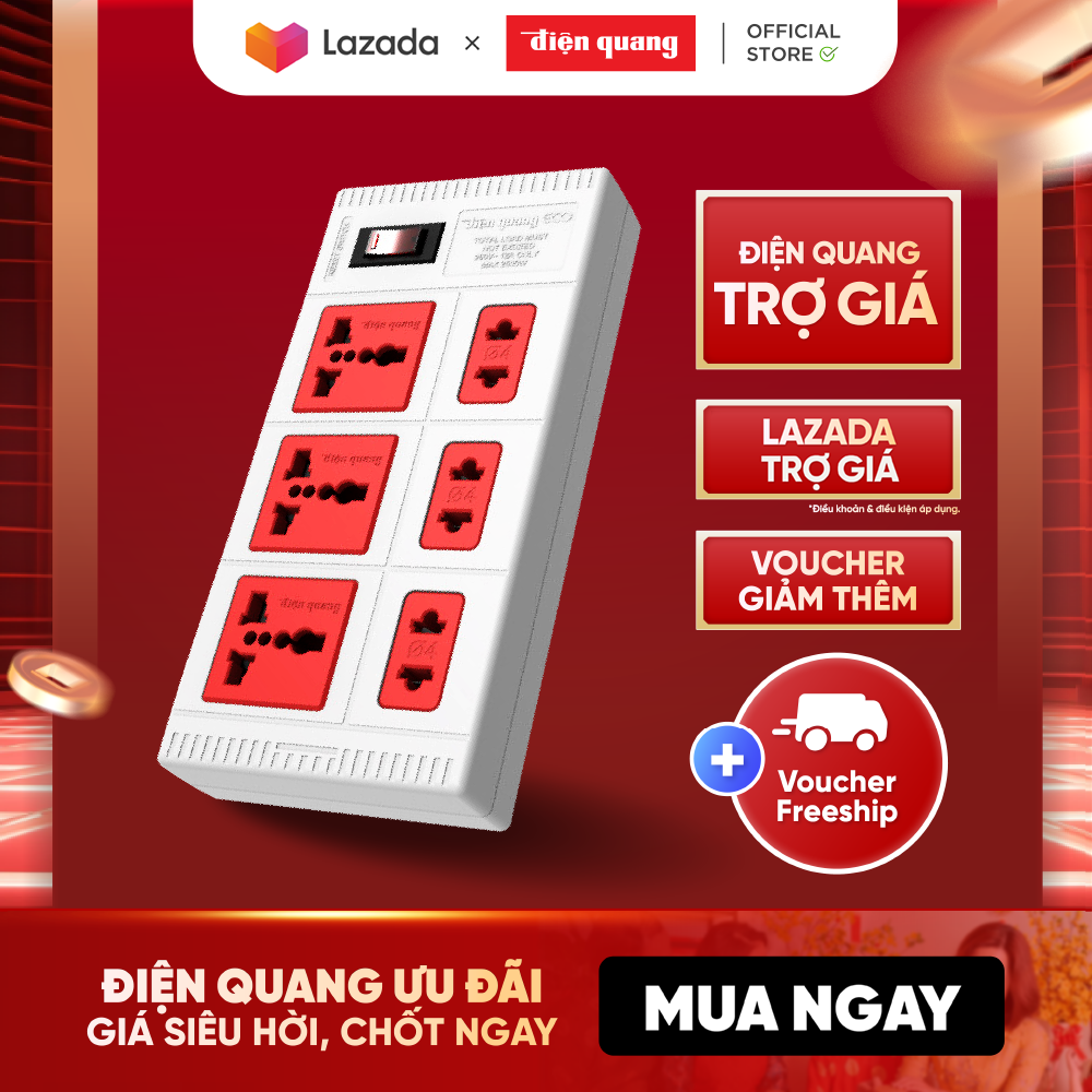 Ổ cắm Điện Quang ECO ĐQ ESK 2WR 6ECO (3 lỗ phi 4, 3 lỗ phi 5 dây dài 2m, màu trắng đỏ)