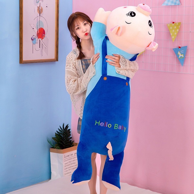 Gối ôm gấu bông cho bé hình thú - heo yếm xanh