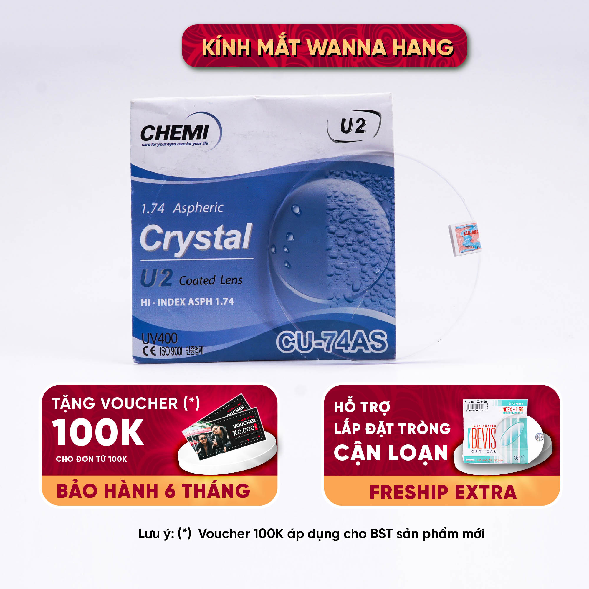 Mắt kính tròng kính cận loạn chemi crystal u2 hàn quốc siêu mỏng chống uv400 - bảo hành 6 tháng