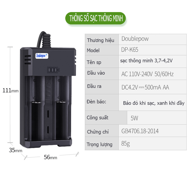 Bộ sạc pin 3,7v đa năng sạc nhanh thông minh, doublepow -dp-k65
