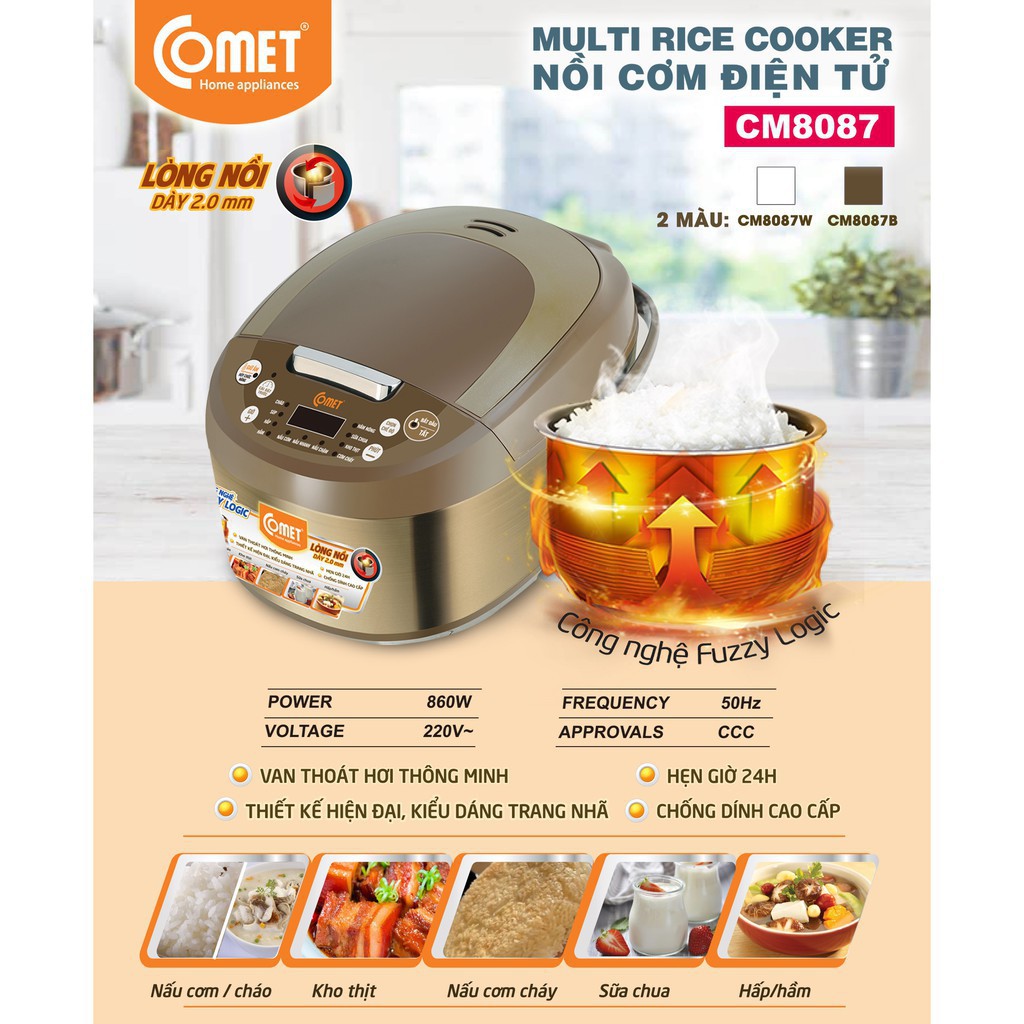 Nồi cơm điện comet cm8087 cao cấp, nồi cơm điện đa năng, nhiều chức năng khác nhau với dung tích 1,8 lít phù hợp với gia đình 2-6 người,