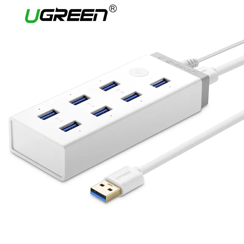 Ugreen 20296 màu trắng bộ chia hub usb 3.0 sang 7 usb 3.0 hỗ trợ nguồn 12v cr116