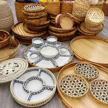 Khay phục vụ , khay mặt trời , khay bày mâm ngũ quả , khay phục vụ hình tròn bằng gỗ tre có tay cầm tiện dụng , khay đựng đồ ăn , mẹt đồ ăn , khay tre
