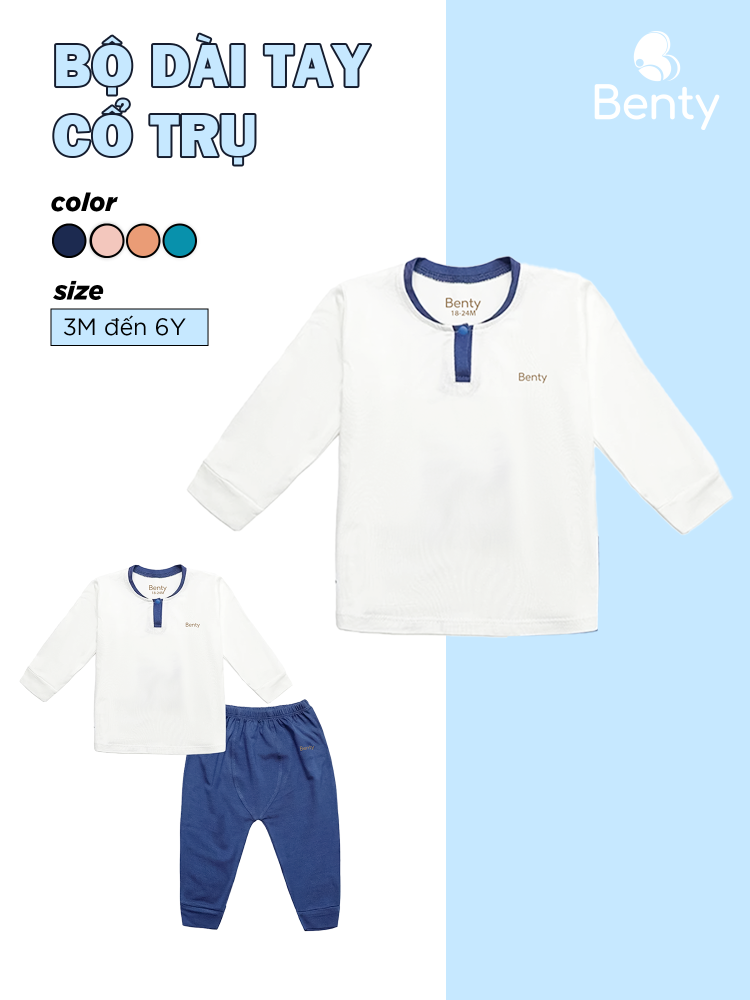 Bộ dài tay cổ trụ màu trơn BENTY chất mềm mịn mát đồ bộ trẻ em an toàn da cho bé trai bé gái