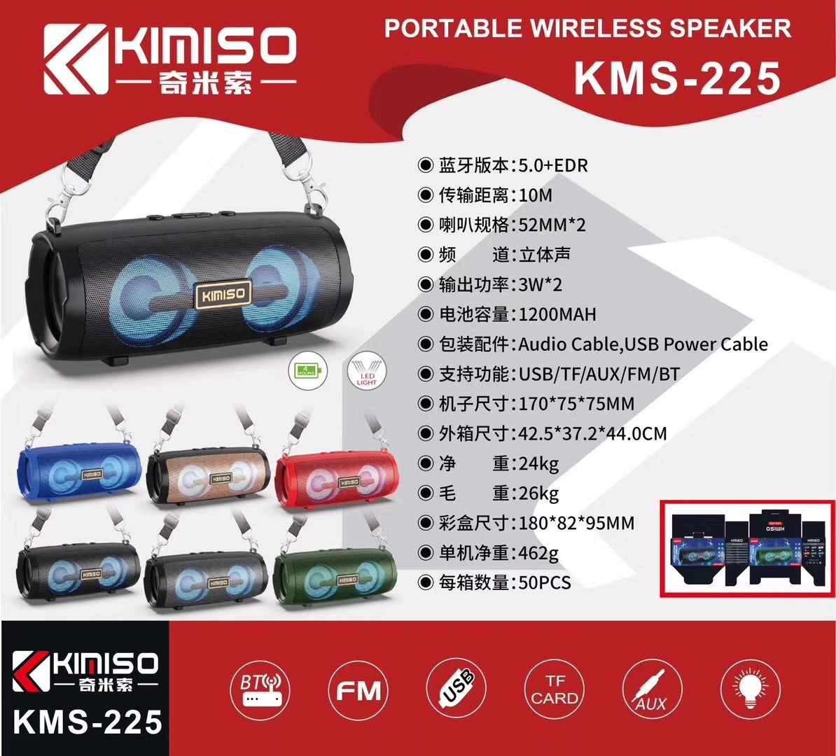 (BH 6 THÁNG) Loa bluetooth, máy nghe nhạc Kimiso KMS-222/ KMS-225 có led