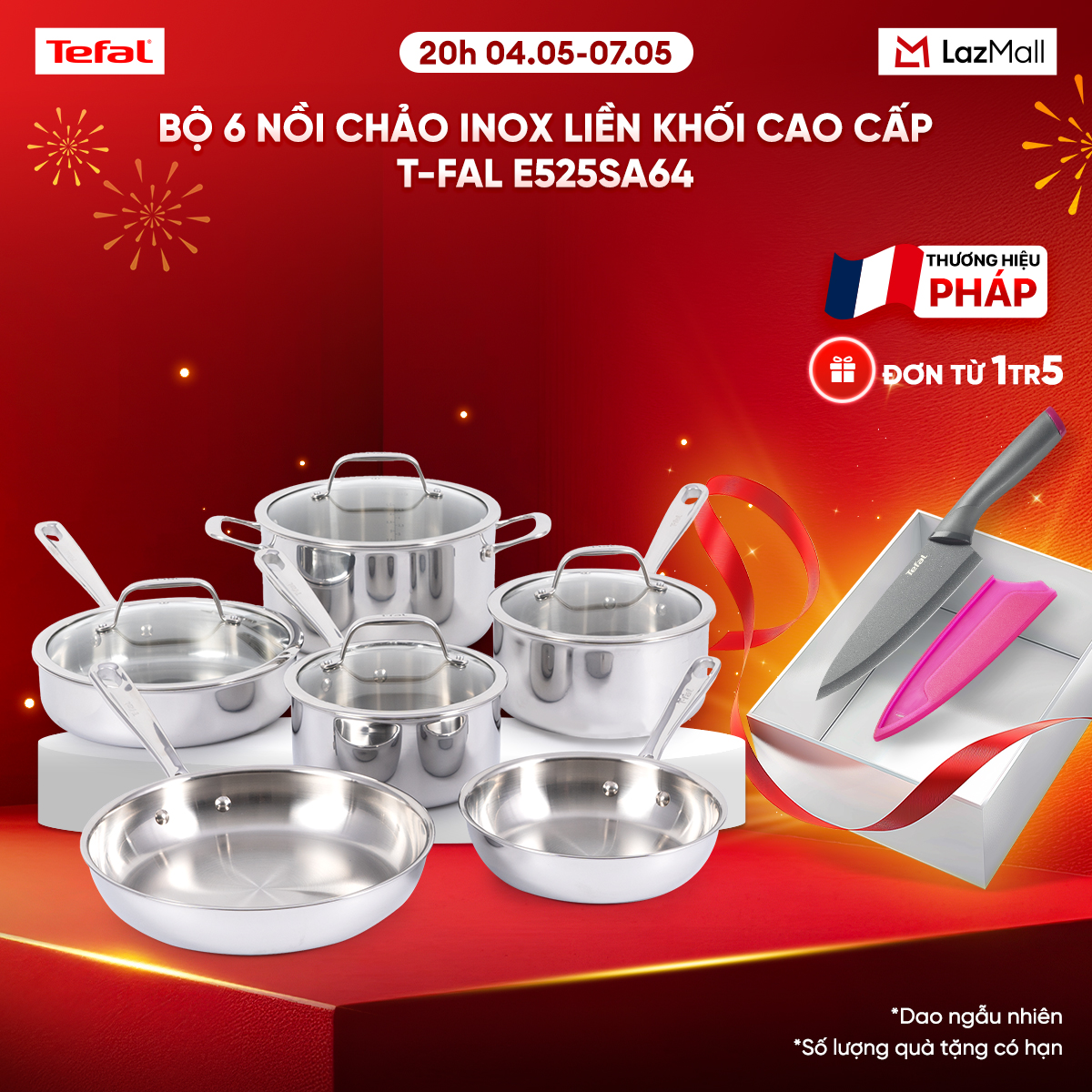 Bộ 6 nồi chảo inox liền khối cao cấp T-fal E525SA64