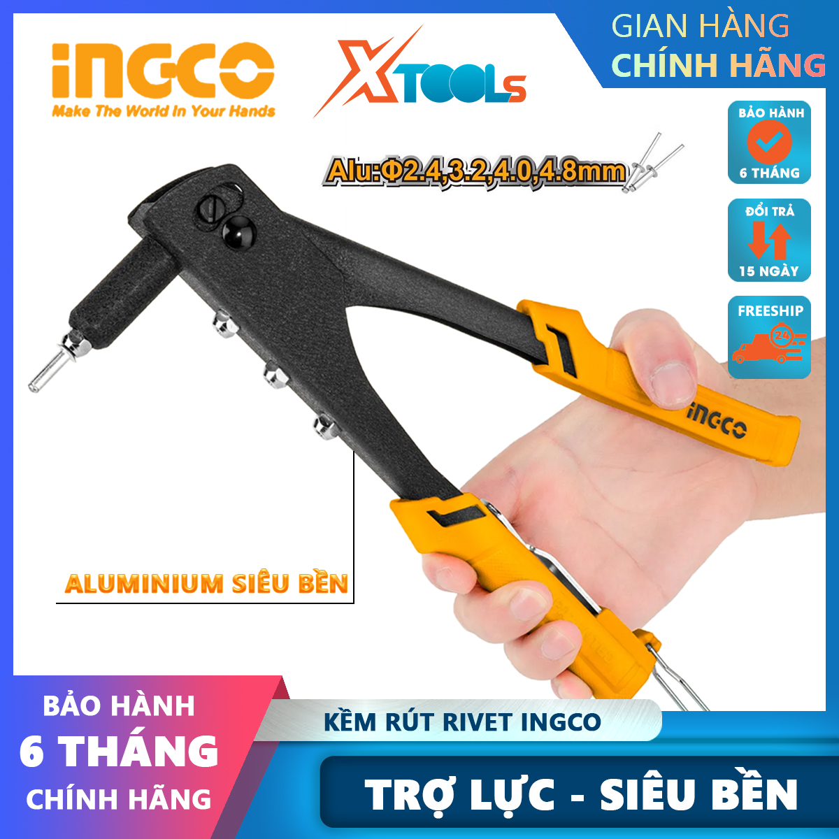 Kìm rút đinh tán chuyên dụng INGCO, kềm bấm rive trợ lực, tay cầm dài, cỡ đinh rút 2.4mm-6.4mm, rút đinh nhôm, kim loại chất lượng cao