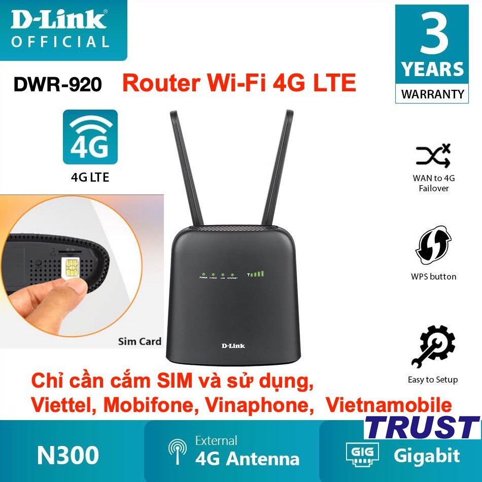 Hot Deals - Bộ phát wifi 3G/4G LTE không dây N 300Mbps D-Link DWR-920, 2 râu Anten , 2 cổng LAN - Hàng Chính Hãng
